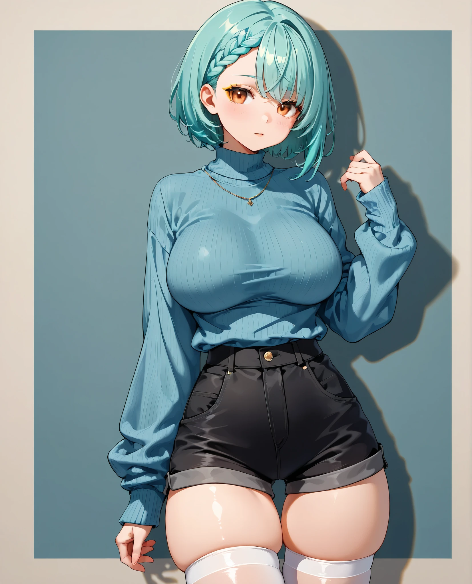 1girl, (solo:1.2), absurdres, aqua hair, short hair, braided bangs hairstyle, orange_eyes, golden_eyeshadow, large breasts, blue_sweater border close-up cropped_legs facing_viewer fading_border fine_fabric_emphasis hip_focus narrow_waist short_shorts shorts skindentation solo sweater thigh_focus thigh_gap thighhighs white_shorts white_thighhighs see-through_legwear zoom_layer
