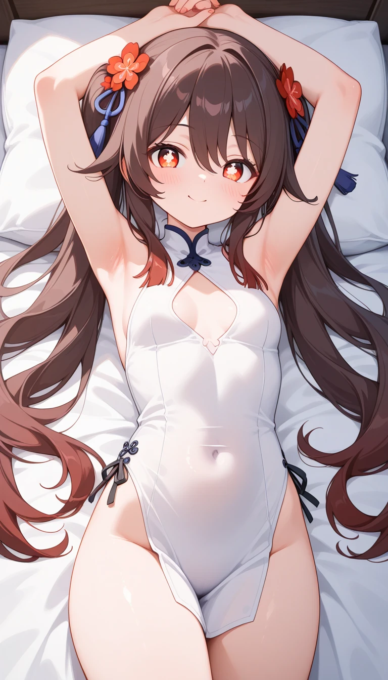 ryuujou (kancolle), 1girl, solo, long hair, looking at viewer, blush, smile, brown hair, animal ears, bare shoulders, twintails, brown eyes, closed mouth, lying, frills, socks, on back, rabbit ears, flat chest, leotard, see-through, kneehighs, strapless, covered navel, detached collar, fake animal ears, bed sheet, highleg, playboy bunny, white socks, highleg leotard, strapless leotard, white leotard, magatama