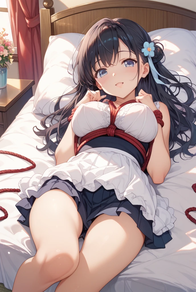score_9, score_8_up, score_7_up, source_anime, game cg, harunakainiKC, long hair, skirt, hair ornament,thighhighs, hairband, detached sleeves, japanese clothes, hairclip, red skirt, headgear, ribbon trim, nontraditional miko, ribbon-trimmed,parted lips,(arms behind back:1.5), bound arms, brown rope, blushing, , gag, gagged, shibari, bondage, close ups, absurdres, vibrator in pantie, vibrator in pantie, panties,vibrator_under_panties,pussy, pussy juice ,arm, bound legs, wrists behind waist, rope bondage, shibari over clothes)), hands behind back,in the jail,jail, girl hogtied, big butt, ballgag, girl is blushing, girl completely immobilized, girl helpless, arms tied up behind back, hogtie bondage,view from side,lying on stomach,blindfold,
