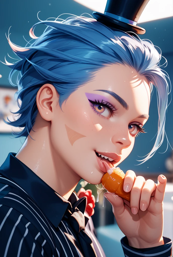 A Japanese girl with blue Chanel hair and a yellow sweatshirt eating tempura in a Japanese restaurant, the waitress is showing the atmosphere and very dark in the background a digital illustration in the style of Ilya Kuvshinov