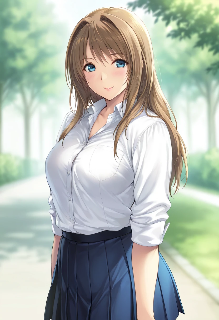 ((best quality, high resolution, pixel perfect, 4K))), 1girl in, single, alone, Beauty、see whole body、 ((Long hair to waist, Bangs, reddish brown hair)), ((blue eyes, beautiful eyelashes, realistic eyes)), ((Detailed face, blush:1.2)), ((smooth texture:0.75, lifelike质感:0.65, lifelike:1.1, Anime CG style)), medium breasts, Perfect body, ((black short sleeve shirt, light blue skirt, Plaid skirt,Black tights)), A confident smile, Bend forward, Lift your skirt with both hands、(The wind was so strong that my skirt blew over，The chest is exposed、Black tights)