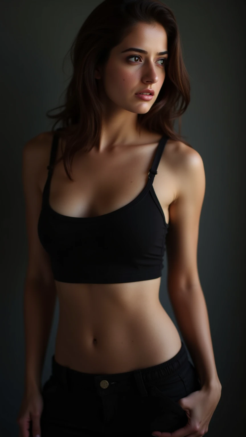 ((top-quality, 8K, masterpiece)), Perfect Body Beauty, Slender Abs, Beautiful girl with slender abs, (Highlight Haircuts, Breast B Cup), medium breast, round shape breast, perfect shape breast, (((wear black bikini))), pubic hair, hight pubic bone, simple necklace, hyperdetailed face, 18year old, Pretty girl, (Dark brown short-cut hair), Slim Face, Highly detailed facial and skin texture, very detailed lips, opens legs, top-quality, masterpiece, 超A high resolution, (Photorealsitic), stand confidently, long shot (((full body))), (outdoor), bright background, sunset light,