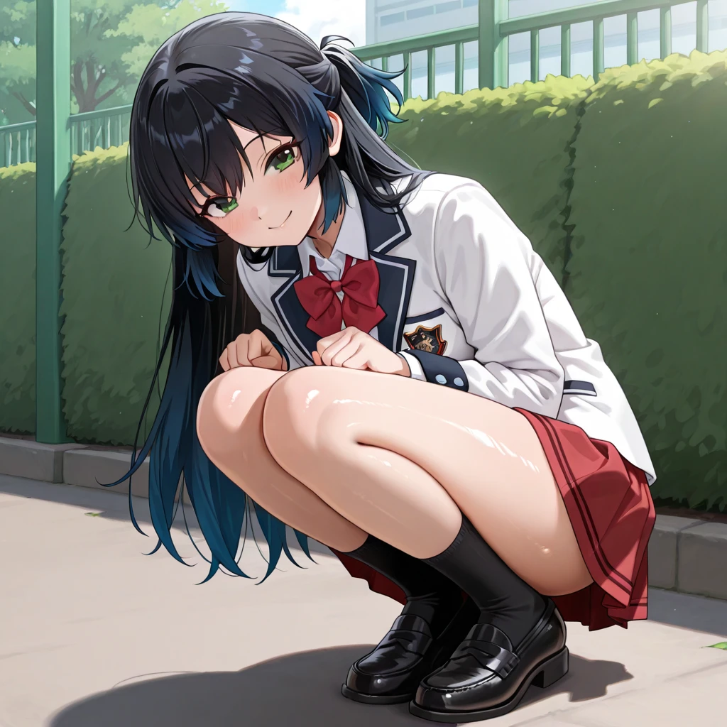 Young girl with black hair, long twintail, twintail hairstyle, (blue eyes), ((small bushy eyebrows)) wearing gothic lolita clothing, lolicon , walking to school, flirty smile,, walking to school, bored look, bored face,, (sitting with legs open lifting her skirt to show her vagina wet with semen),