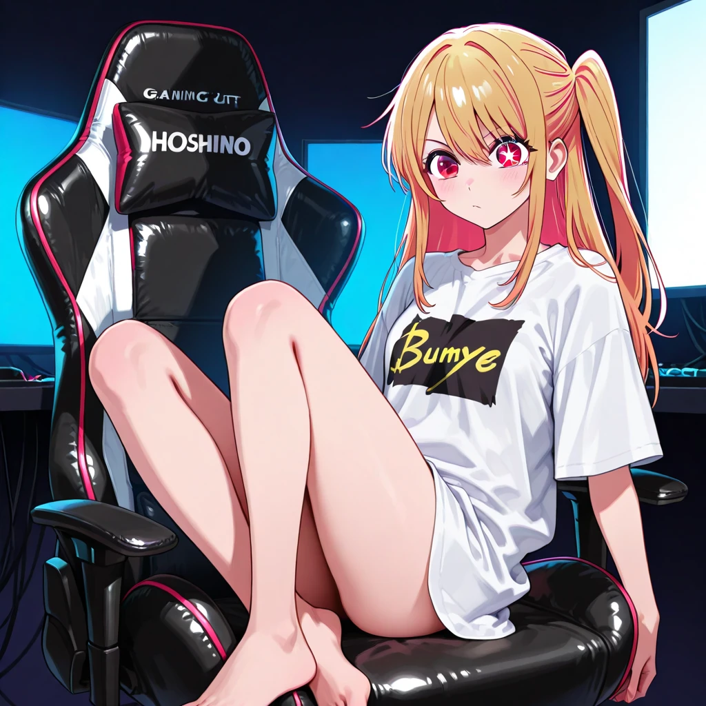 ((masterpiece)), (best quality:1.7), (detailed:1.4), (high res:1.4), 8k, (colorful:1.5), 2d, high resolution, sharped image, 4k, hd, kda_ahri_league, 1girl, (((solo))), (((blonde hair))), yellow eyes, long hair, full body, cleavage, ((curvy body)), kinky hair, curly hair, ((medium breasts:1.5)), headset, choker, thighhighs, black thighhighs, animal ears, fox ears, jewelry, bare shoulder, short sleeves, white shirt, black short, facial marks, whisker markings, idol, jewelry, bracelet, black boots, ((idol)), bedroom, computer, gaming computer, rgb lights, night, city, window, multiple rgb lights, neon, cyberpunk city, sitting, in front a computer, ((looking at computer)), ((peace symbol)),