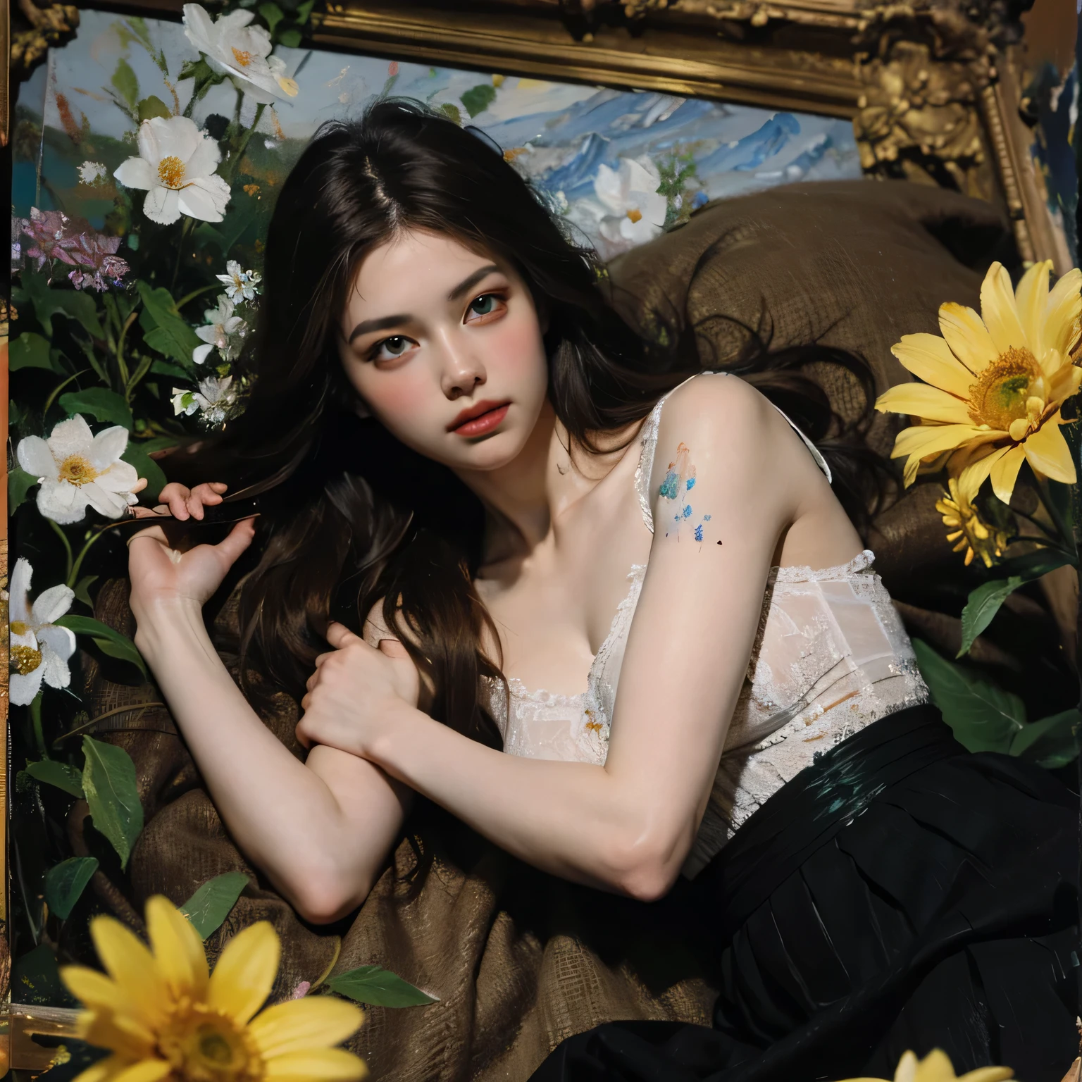Create an album cover with the predominant colors black and navy blue, with the title "What to do when love ends" where in this image there is a man lying on the floor with a bottle of wine in his hand,  a painting with the starry night and a vase with sunflowers in the background. Where the image expresses melancholy
 