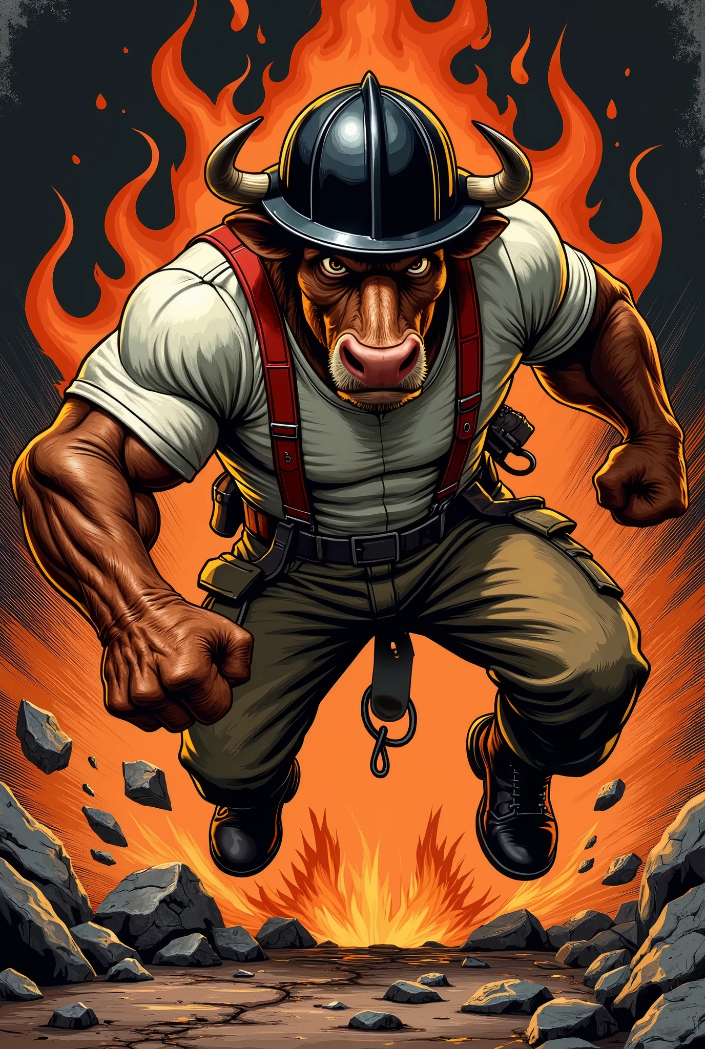 Vector Style , ((comic art)) , (cartoon style) a 5 , Vector-style, Vintage 70s action comic book cover, Vector Style, lowbrow art, A fierce, untamed muscular anthropomorphic bull with a bull ring on his nose and running towards the right. and a rugged appearance. The bull looks serious and confident, symbolizing strength, fearlessness . He is wearing a black firefighter helmet, long sleeved white t-shirt, red suspenders and brown cargo pants and black combat boots. the bull is in mid air, in a pouncing position. the image has a charcoal black and burnt orange color scheme. The overall vibe is edgy, intense, and perfect for a fearless firefighting team logo. solid color background all around to emphasize the bull.