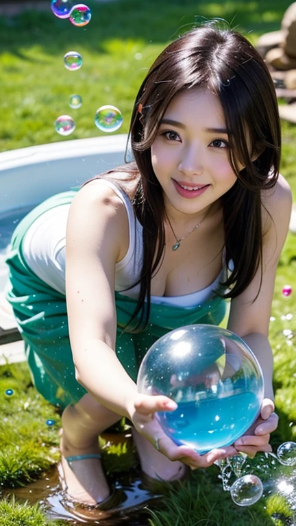 Masterpiece , photorealistic , high resolution, A young girl holding a glass of blue water  , water splash at glass, girl with long hair, in the style of Realism,  gongbi,  beautiful girl,  simple background, lot bubble around ,