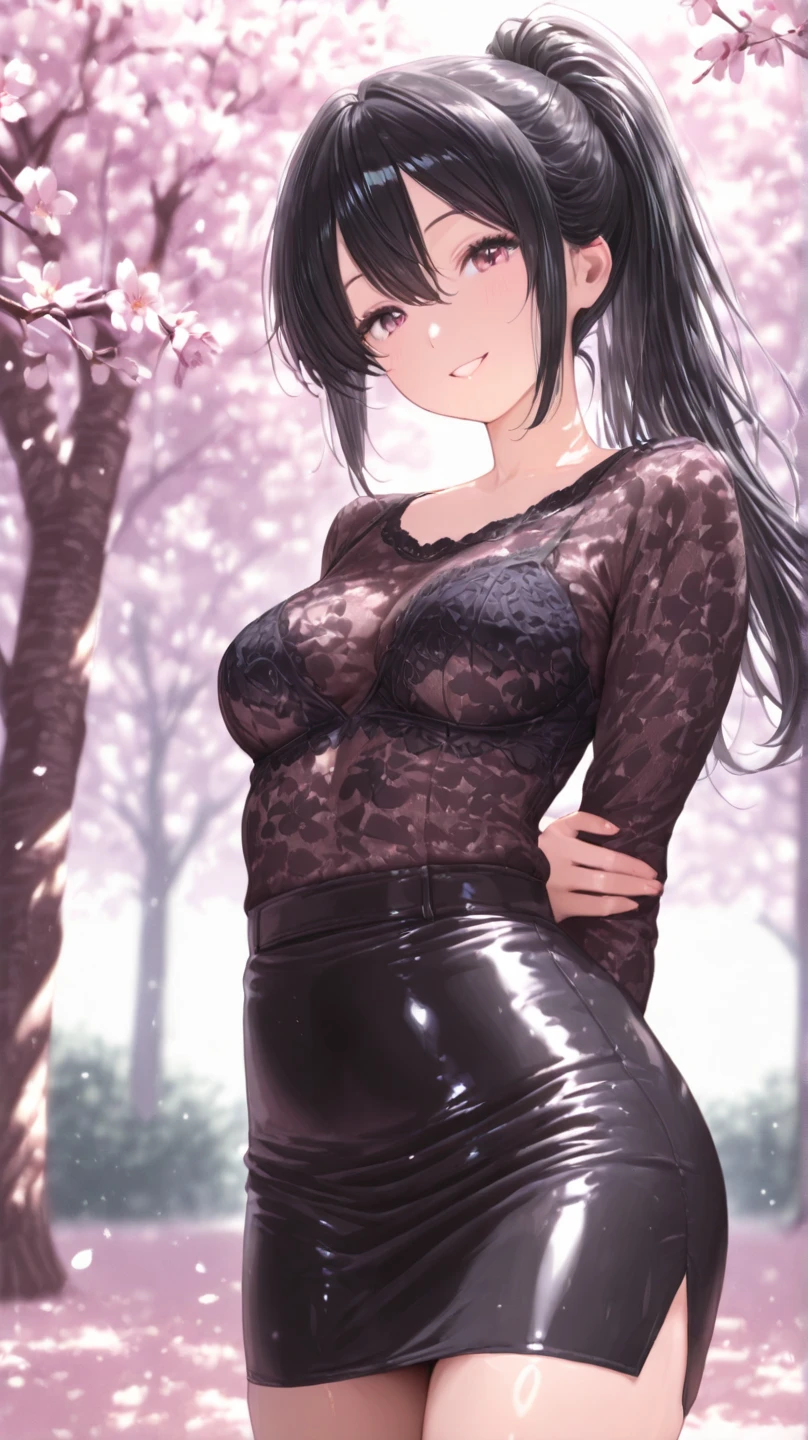 masutepiece, Best Quality, hight resolution, HMKH1, Black pantyhose, Cowboy Shot、fullmoon、Colored leaves、self lift、Photo from below、((Black underwear))、((Black bra))