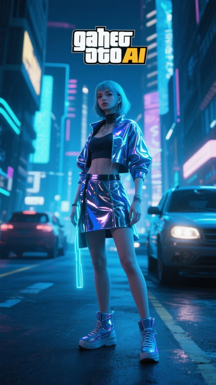 breathtaking 8k, masterpiece, (iridescent clothing), <lora:iridescent_clothing-1.0:0.8>, ((cyberpunk)), futuristic, neon city, night, pleated skirt, bob cut, black hair, jacket, thighhigh boots . award-winning, professional, highly detailed