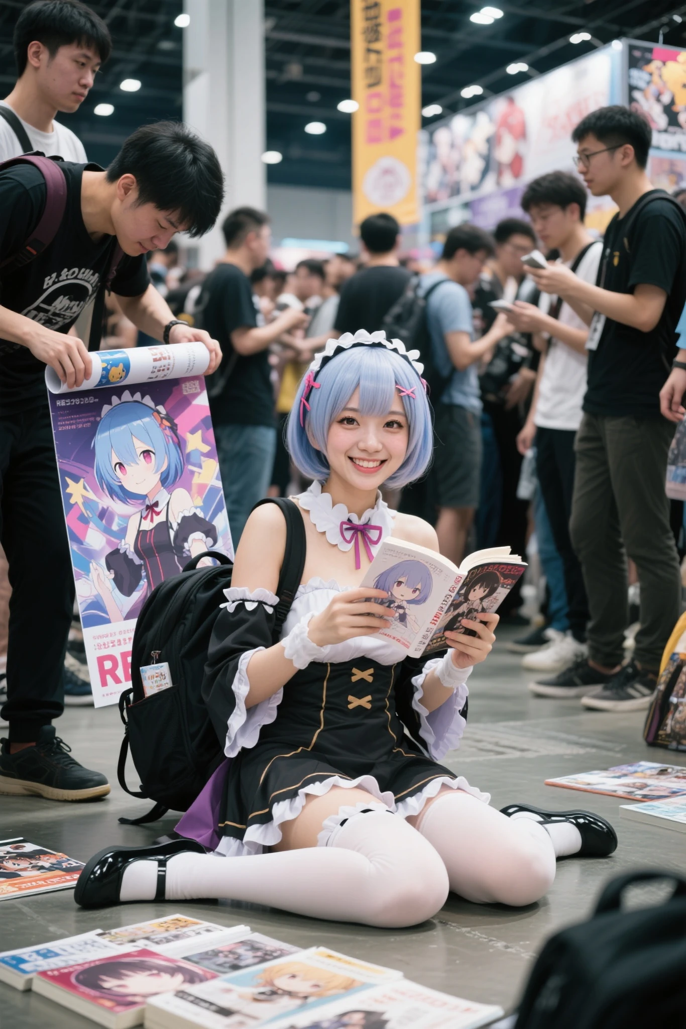 (Re:Zero's Rem costume), cosplayをした成人女性が同人誌を手に持ち床に座っています,Short Hair, 人混みに囲まれたコミックコンベンションvenue, The men surrounding it、リュックにロール状のposterを挿しています, surrounded by nerds, she looks at you in a way that tempts only, real,cosplay,young woman,Portrait, Smile, books to read aloud,Selling ,Cluster,venue,banner,poster,4K,HDR,detail,realistic,Extreme Details,Professional quality,The bright color ,dynamic composition