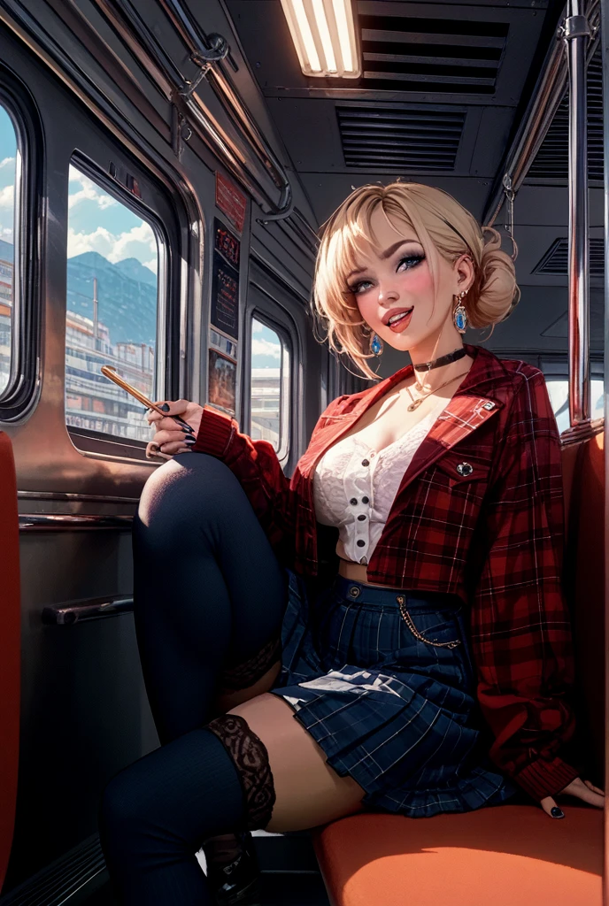 score_9, score_8_up, score_7_up, score_6_up, best quality, 1girl, busty woman, large hips, small waist, bikini top, open leather jacket, tartan skirt, sitting in a bus, blonde hair, holding a book, upper body, from below, looking down