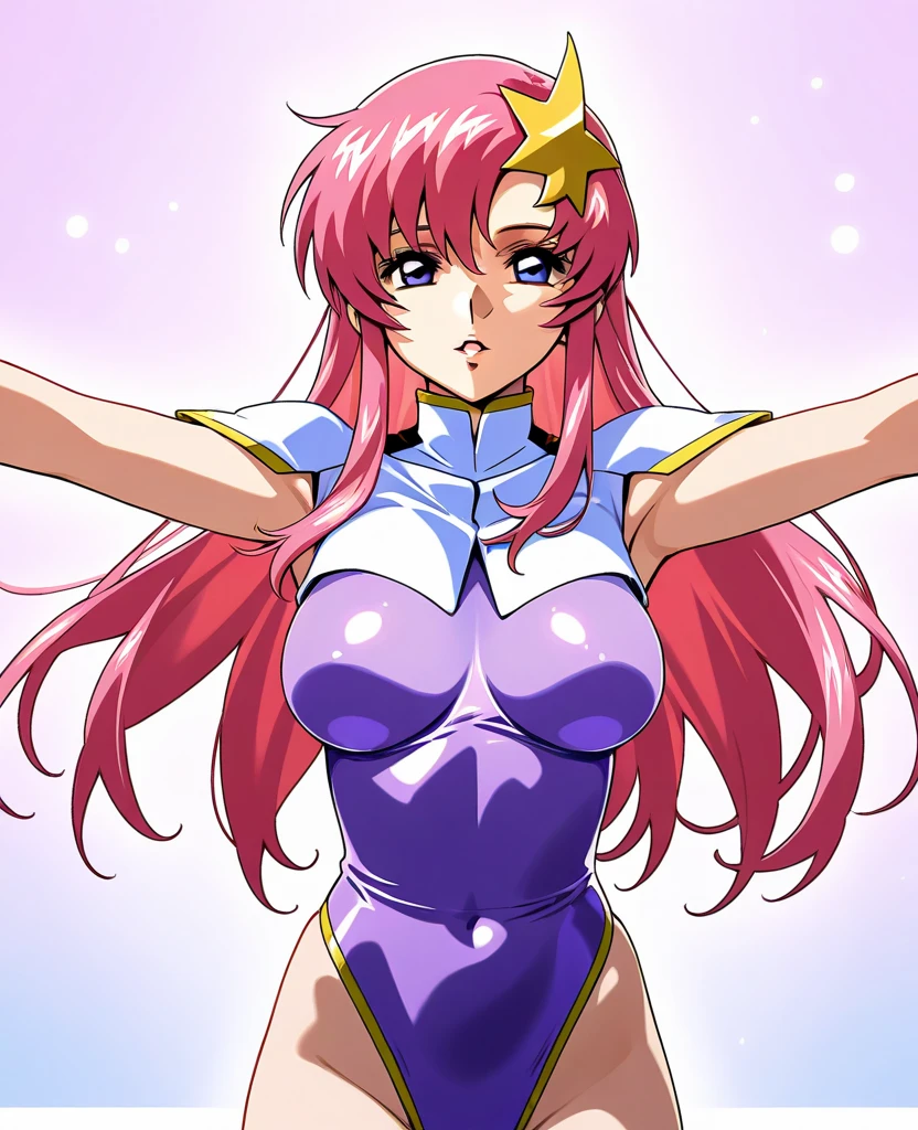 (masterpiece, 4K, Best Quality, Anime style: 1.9, bold drawing lines, High color saturation, Detailed face, tall, Adult Woman, lovely, (cloud background), Drawing lines, high resolution, Anime, lacus4), 1girl in, Solo, curvy figure, Long hair, 鎖骨, scapular, Wavy Hair, Detailed wide hair bangs, Hair Ornament, Detailed reddish-pink hair, cleavage, large hands, Big blue eyes, closed mouth, (cute Smile), ((closed fists)), (laughing, open mouth), ((medium breasts)), ((pink strapless wrestling leotard only, one piece wrestling attire), (wrestling long boots), bare thighs, groin lines, strong arms, biceps, rib lines, ((lean forward)), legs, standing, (hands on hips), happy, bare shoulders, (navel), pink elbow pads, (bare stomach)