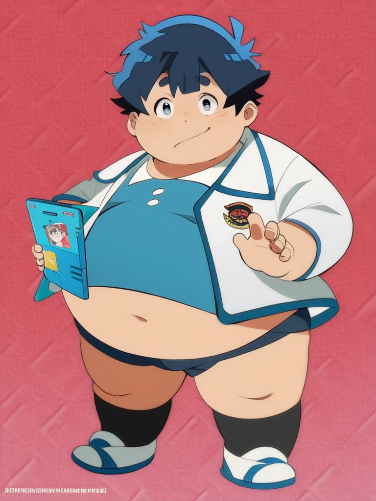 Full Body Blue, Body Noise-Sensing, as a computer folder, Wearing School Uniform,  chubby , cute, with a big belly to reveal clothes, junior high school student, Fatty,  No Glasses , With hair, Overweight, Big belly, anime style
