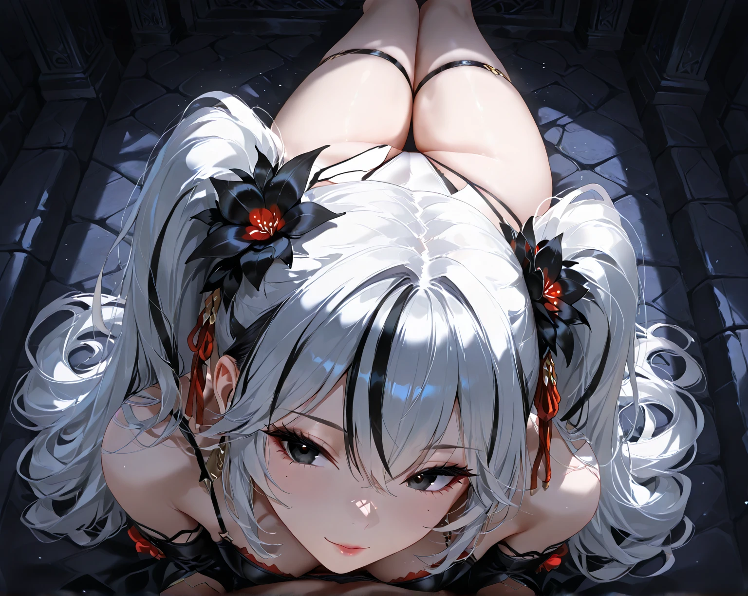 (masterpiece),(Highest quality),(Very detailed),(Best illustrations),(so beautiful), so beautiful長い脚, Thighs, Silver Hair, Red eyes, Very long hair, High Ponytail, Blue cloのs, China dress, Side slits, lying on stomach