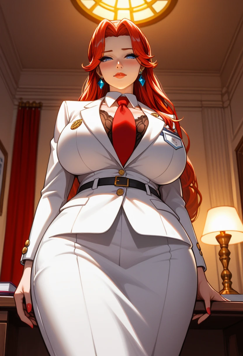 masterpiece,top-quality, high resolution, beautiful woman, orange hair,1girl,fox ears,fox tail, green eyes, disgust look, holding a cigar, black suit,(unbuttoned suit),(tie:1.4),( red tie:1.4),(grey button up:1.2),(grey pants ), sitting,(black office chair:1.2) ,top down view,venusbody,wide hips, thick thighs, huge breasts
