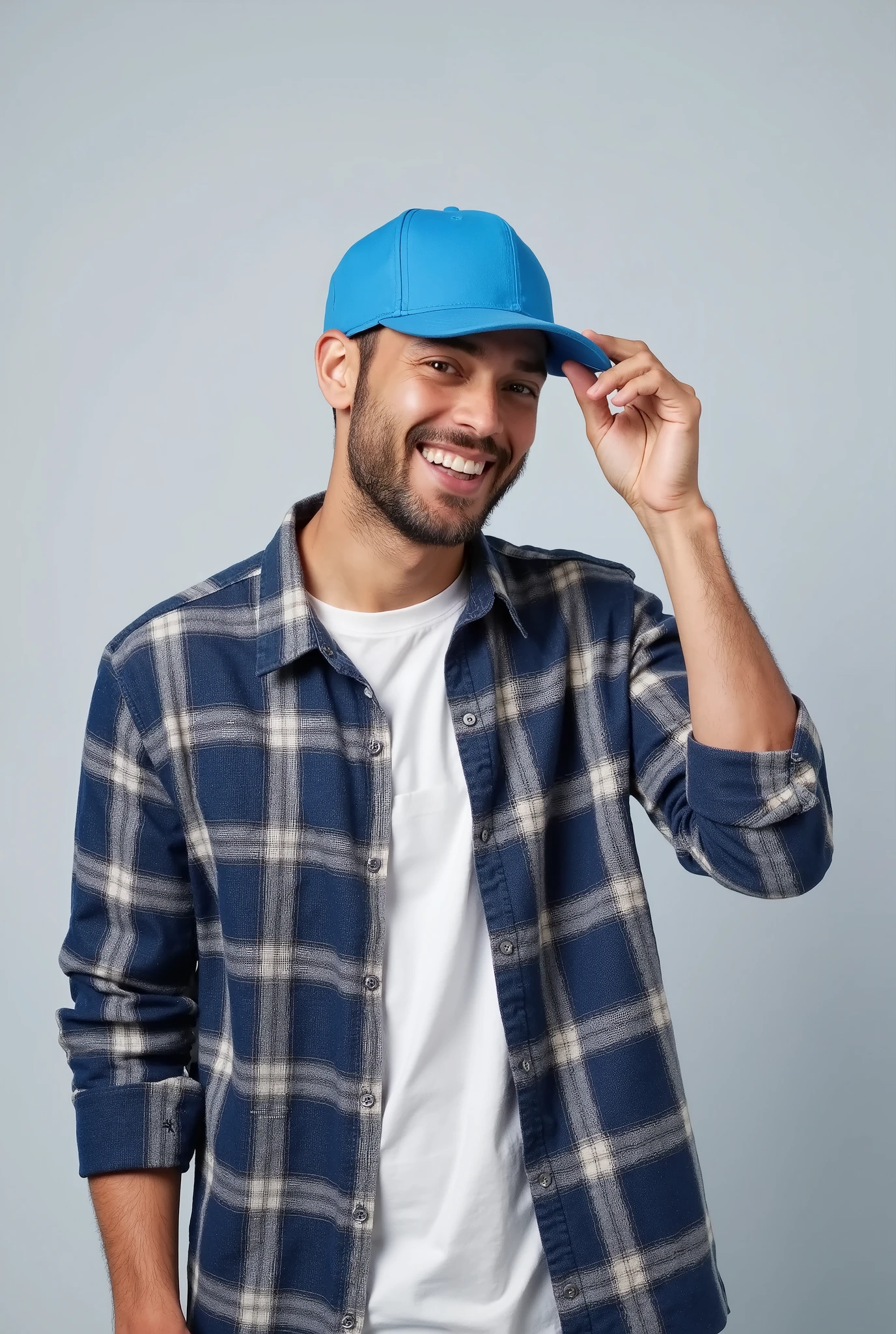 A man wearing a simple blue cap and a plaid shirt, smiling shyly and tilting his head slightly down, while holding the cap brim with one hand.  The background is simple and light gray . Your expression is relaxed and cheerful, and his face is partially obscured by the cap. The image has clean lighting, similar to that of a studio, and a casual style.