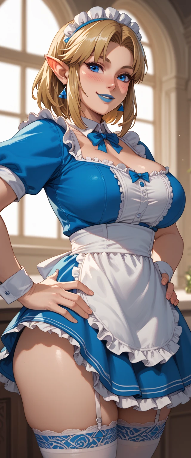 White hair , short hair, pinched eyes, (big-:1.5) , Thin legs, thin body, leather collar, Maid outfit victorian, dynamic pose, full body, View from below, wide hips, Kneeling