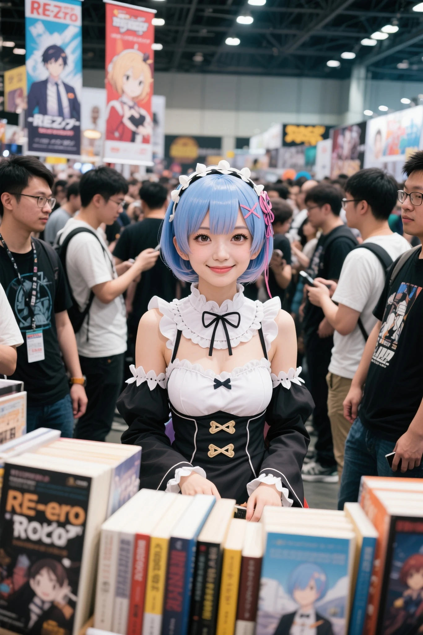 Re:Zero Rem Outfit, cosplayをした成人女性が同人誌を手に持ち床に座っています, 人混みに囲まれたコミックコンベンションvenue, The men surrounding it、リュックにロール状のposterを挿しています, Surrounded by Nerds She Stares at You in a way that only seduces you, real,cosplay,young woman,Portrait, Smile, books to read aloud,Selling ,Cluster,venue,banner,poster,4K,HDR,detail,realistic,Extreme Details,Professional quality,The bright color ,dynamic composition, Short Hair,