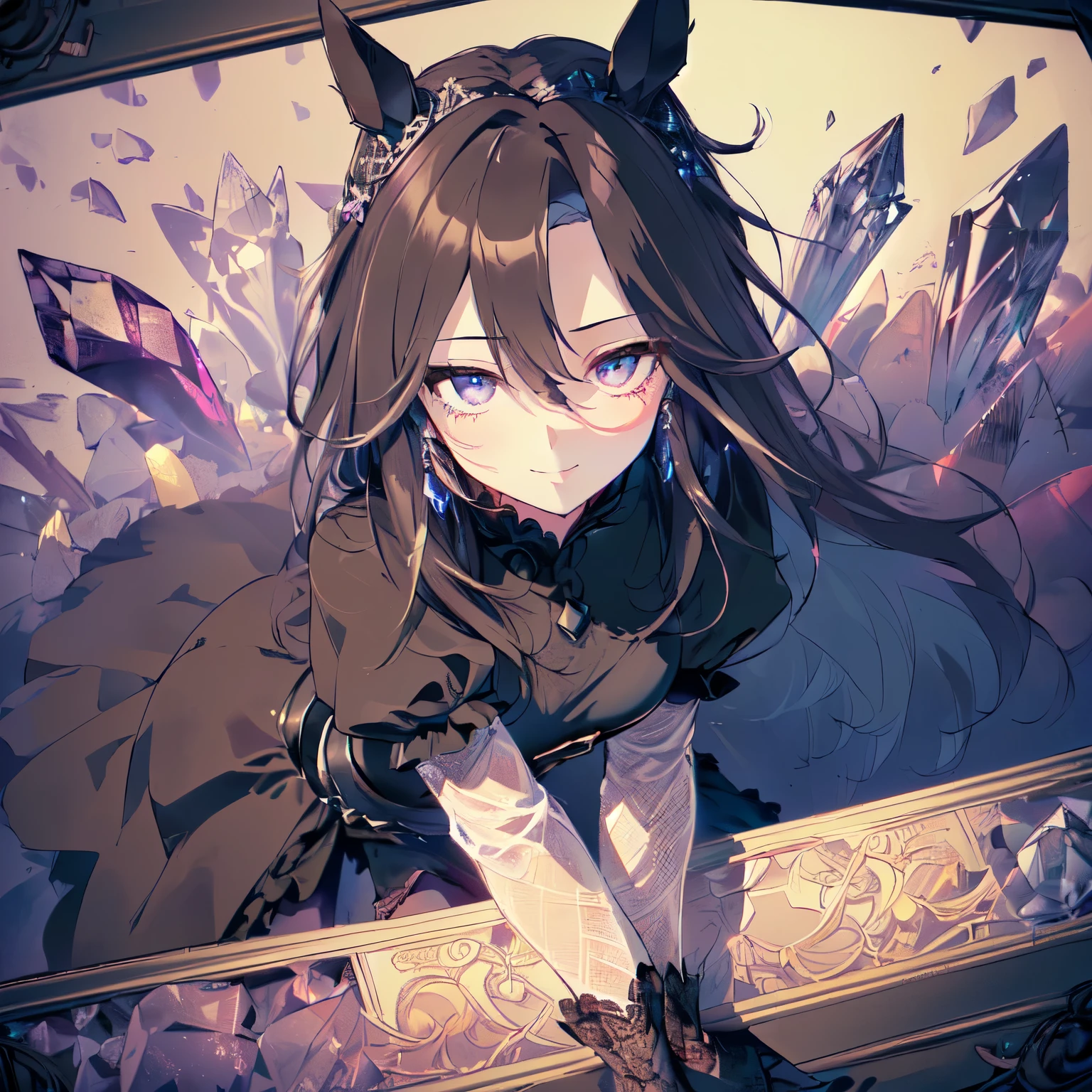 (solo, alone, cool girl, horse ears, short, , hidden round breasts, black hair, extra long hair, looking up, seductive smile, gorgeous lace sleeves, gorgeous black lace wedding dress, blue high waist mini skirt with frills, black pantyhose, tiara, cape, veil, kneeling, arms between legs, dark purple background, crystal ground, crystal world, scattered crystals, upper body in frame, dutch angle, anime, anime style, accurate anatomy, faithful anatomy, sharp drawing, clear drawing, masterpiece, top rated, 16K:1.5)