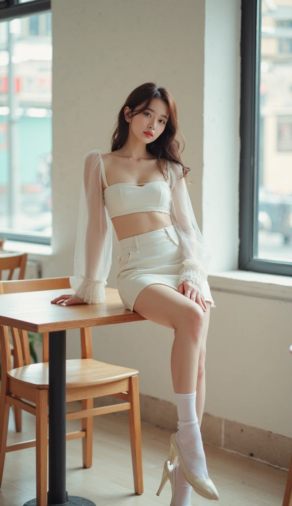 (((best quality))),(((ultra detailed))),(((masterpiece))),illustration,((a beautiful girl,solo)),(short ponytail:1.2),(glasses:1.2),((slim,thin)),((small breasts,flat chest)),(slender legs:1.2),(loafers:1.2),(sitting:1.3),(arms behind back:1.3),(spread legs apart:1.3),(in a movie theater:1.3),((white short-sleeved shirt,white flowing long skirt)),elegant, youthful innocence, radiant skin, focused eyes,(movie screen:1.2), (dimly lit:1.5), plush seating, intricate decorations, freshly popped popcorn, anticipation, peaceful expression, cozy surroundings, summer,(night scene:1.3),(Luxurious decoration:1.3), tranquility, joy,((Future technology sense, cyberpunk style)),((from front,full body))
