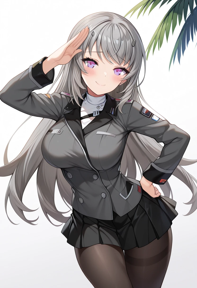 masterpiece, best quality, highres, aahws, long hair, white hair, head wings, blunt bangs, glasses, military uniform, red necktie, black jacket, long sleeves, brown gloves, no pants, white panties, black thighhighs, <lora:heidimarie_w._schnaufer_v1:0.7>, night, sunset, hand on own cheek, outdoors