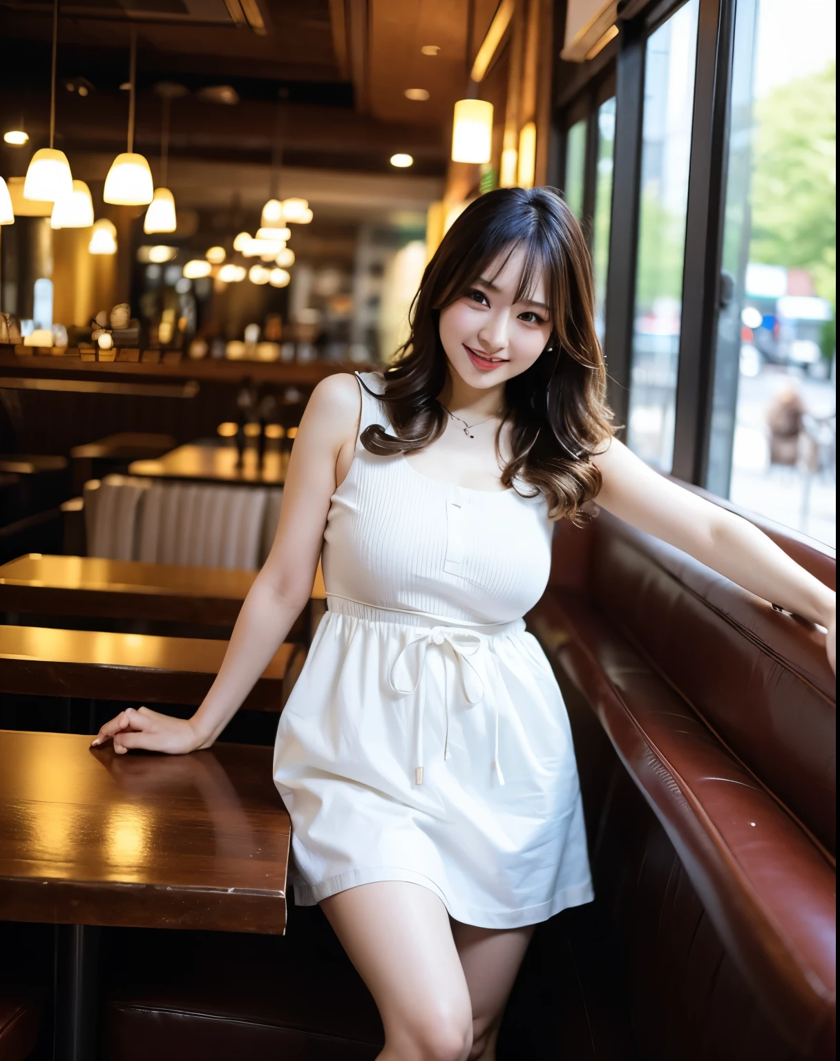 Beautiful legs, stockings, ultra details, masterpiece, Highest Quality, beautiful, details, alone, charming smile, Sexy Lips , one girl, brown eyes, silver-haired, Sexy Poses, big breasts, Low Hair Ring, open your legs, facing backwards, waitress, 美脚のwaitress, cafe