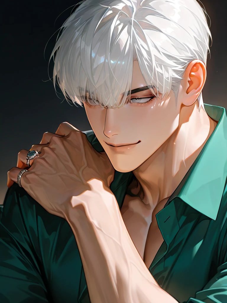 A tall man,White hair and white shirt,Climb out of a deep pit,Covered in dirt,With an awkward wry smile on his face。, 8K, Super detail, ccurate, Best quality, 巨作