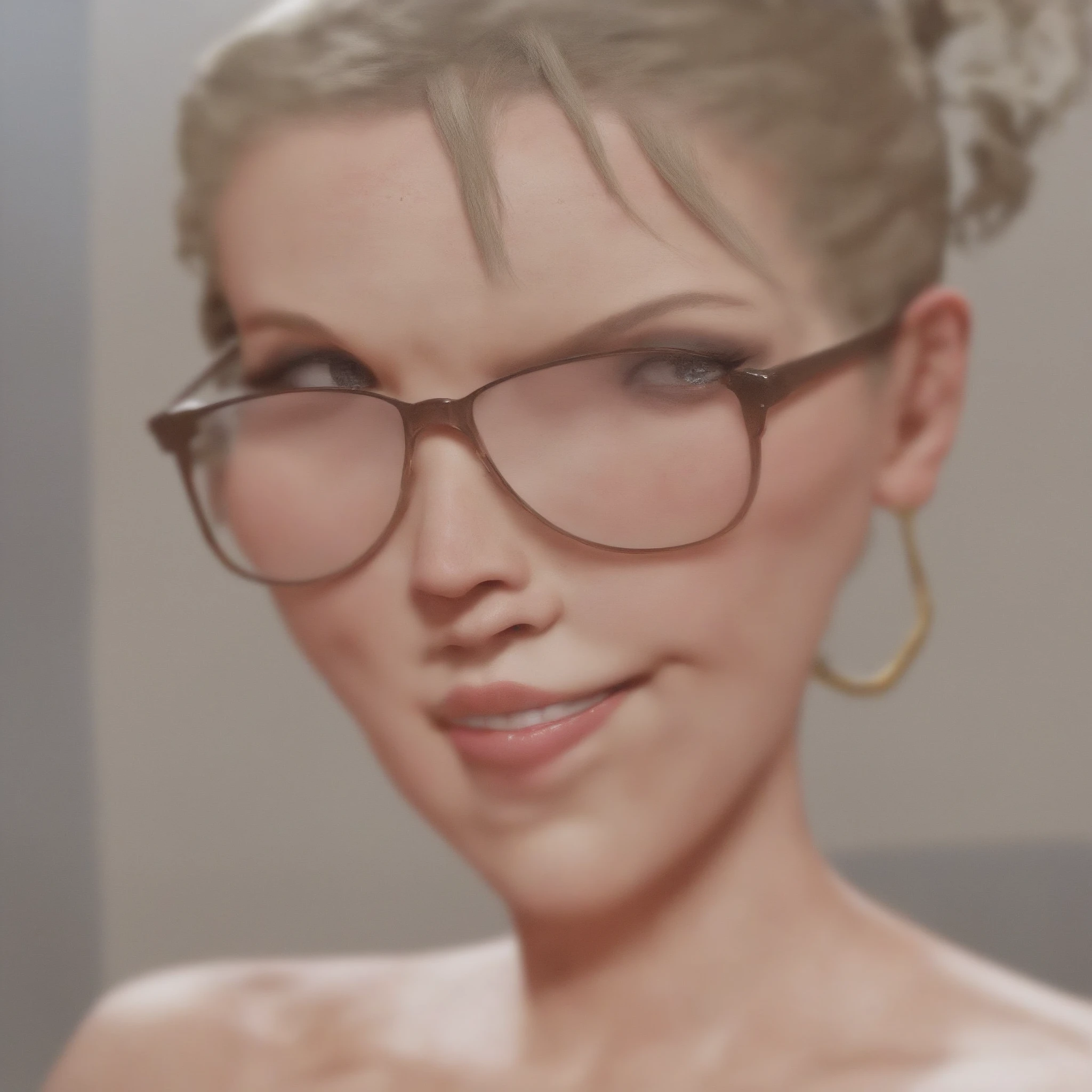 score_9, score_8_up, score_7_up, 1girl, solo, swirl hair, gray hair, gray eyes, glasses, star earrings, 3d, beauty mark, by sofa, seductive smile, aroused, standing, from below, lace black thong, lace black bra, covered nipples, shy, blush, cameltoe, cowboy shot, nude body, looking on viewer, sitting on fours, on knees, front view, open mouth, spread legs,