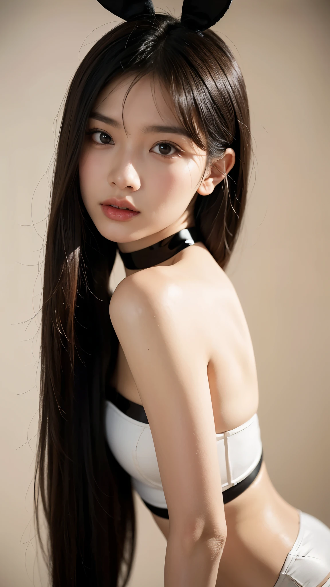 A professional beauty portrait of a young Asian woman wearing a playful bunny costume consisting of black bunny ears with white accents and a black satin bow tie choker. The subject has medium-length brown hair with side-swept bangs, wearing elegant makeup with defined eye liner and glossy lips. The photograph is composed as a centered close-up with professional studio lighting and a shallow depth of field against a neutral beige background.