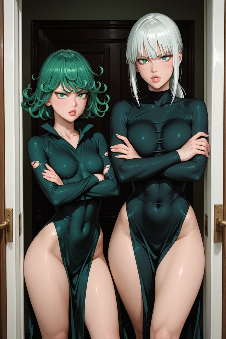 ((Mulher Ninano cobrindo o rosto dela)),((Bodysuit preto, open zipper on pussy, Com um cinto, com duas espadas na bainha do cinto))),((seios gigantescos, seios nus, buceta nua, seios eretos, Peitos de ventosa)),((cabelo de pedra)),((olhos castanhos, Cara desesperada)),((Standing, Em uma floresta assombrada, at night)),((1 arm behind the back)) ,