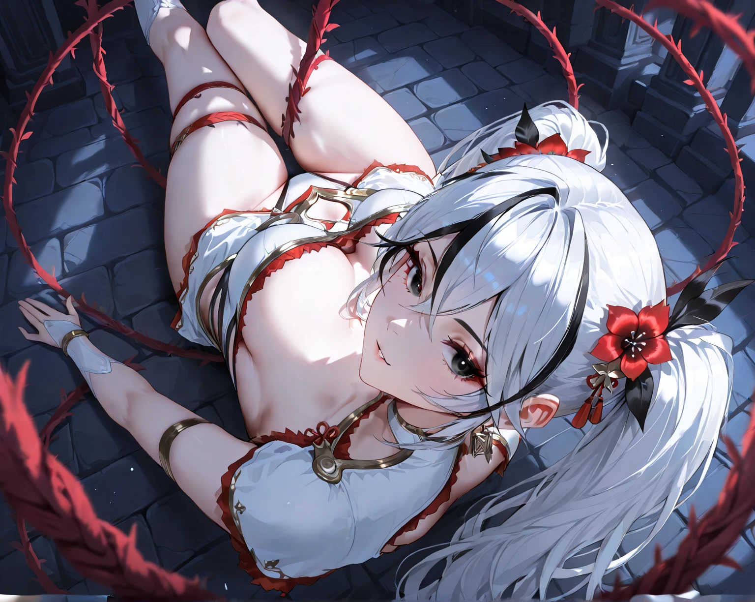 (masterpiece), best quality, expressive eyes, perfect face,nsfw:1.2,full body,embarrassed:1.2,breathless:1.4,Steam around the mouth:1.1,full-face blush:1.3,(Grit your teeth:1.5),see-through:1.3 dress,wet:1.5,(((shibari over clothes,rope,bound,restrained))),Lying down:1.5,wet:1.5,from above