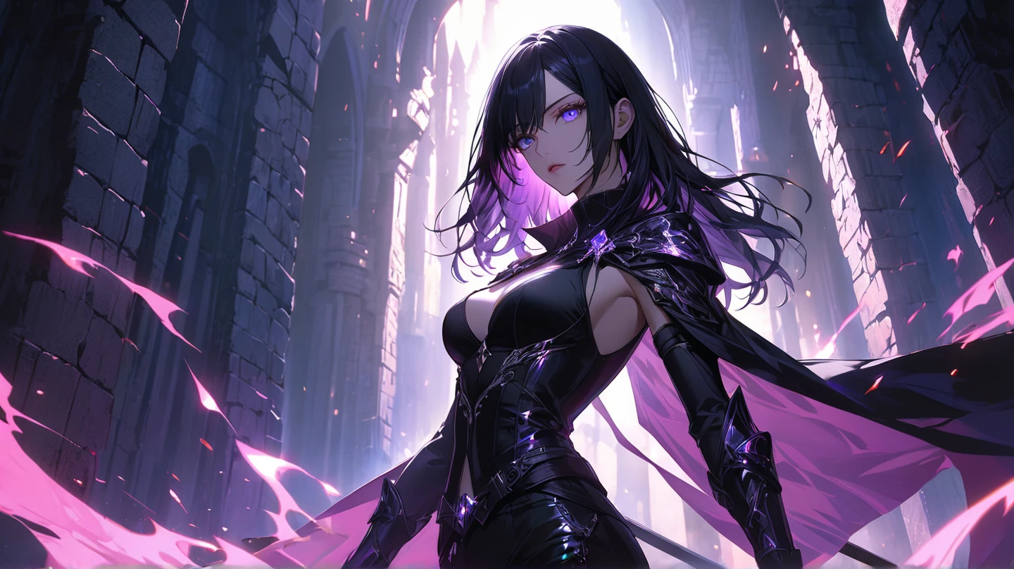 ((masterpiece, best quality, 8k))A captivating artwork of a darkly enchanting female character in a shadowy, magical setting. She wears dark and magical clothes in black and purple, perfectly matching her mysterious aura. Her short black hair and crimson eyes exude an intense beauty. She wields a dark staff, emanating a foreboding power.
