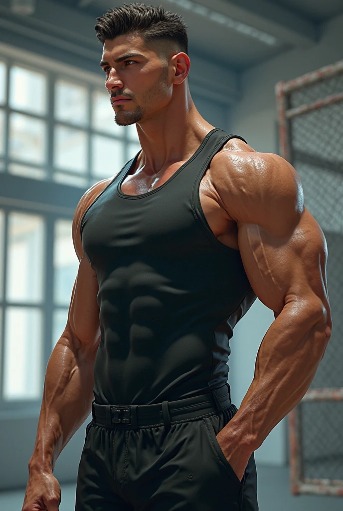 Muscular mature male,aged 40,Solo,short detailed hair,Slag,Well-developed muscles,vast pecs,Wide shoulders,Thick-breasted,Huge crotch bulge,Tight white tank-top cotton shirt,Lace-up trousers, slim waist, Stand up,Put your hands in your pockets,full bodyesbian, confident look,Delicate facial features,Ultra-realistic photo style,High- sharpness,High picture quality,intricately details,8K