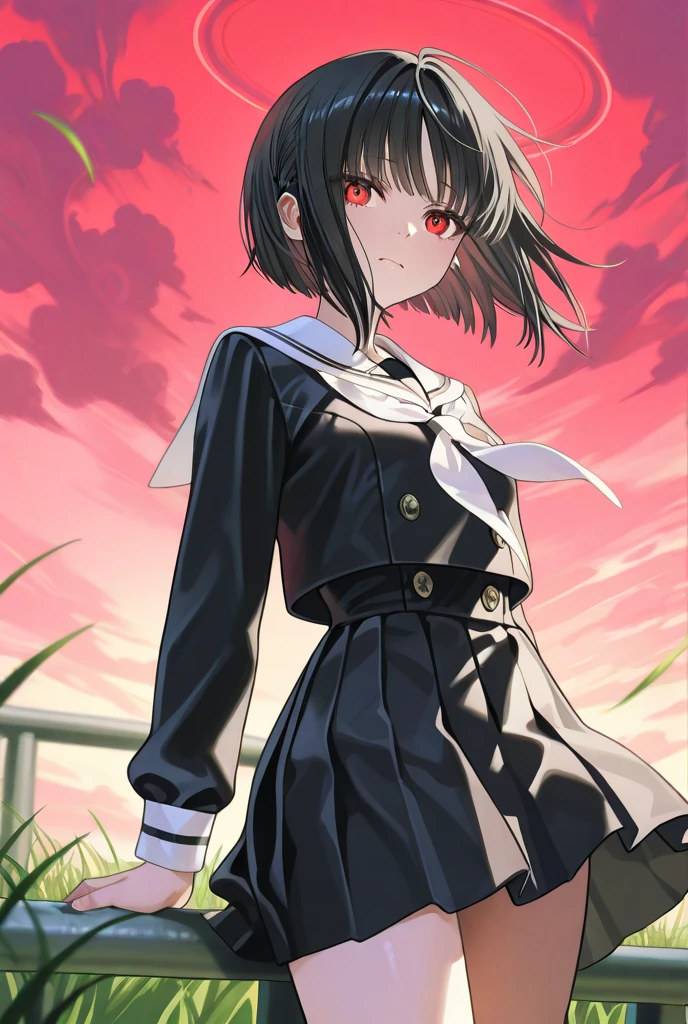 (masterpiece, highest quality, highest quality, (No text), Beautiful and aesthetic:1.2),No text,アニメ、 high resolution　BREAK,One Girl，Short black hair　Beautiful eyes　Red eyes　Beautiful girl　cool　smile　Black Coat　mini skirt　Whole body　profile　Night view　Detailed eyes and face