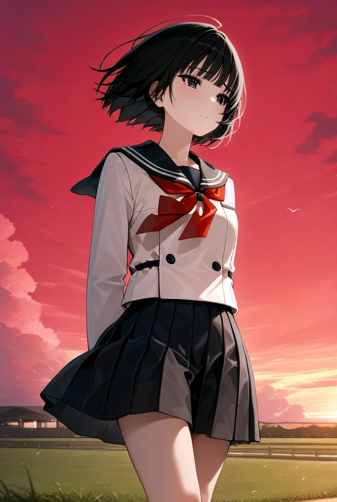 masterpiece, best quality, ultra-detailed, illustration,bandaid,matoi_ryuuko:1.3, bandaid_on_face,1girl,black_hair,injury,bandaid_on_leg,bandages,bandaid_on_nose,suspenders,multicolored_hair,bruise,skirt,bandage_on_face,short_hair,red_hair,serafuku,streaked_hair,midriff,bandaid_on_knee,senketsu,solo,pleated_skirt,full body, hand on hip,sun set:2,ocean:2,depth of field, cloudy sky, view at the back, Kamakura,handrail, water reflection,hand on hip, pixiv sample,