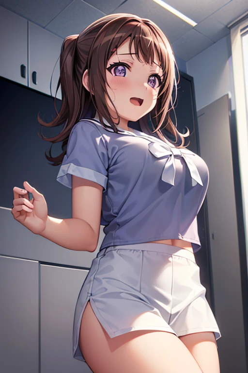 10th Generation,A beautiful woman,Beautiful breasts,Moe,Brown Hair,Blue and white striped front tie bikini top,Blue and white striped panties,Black frilly apron dress mini skirt,Headdress,Maid,Pulling on panties, Take off