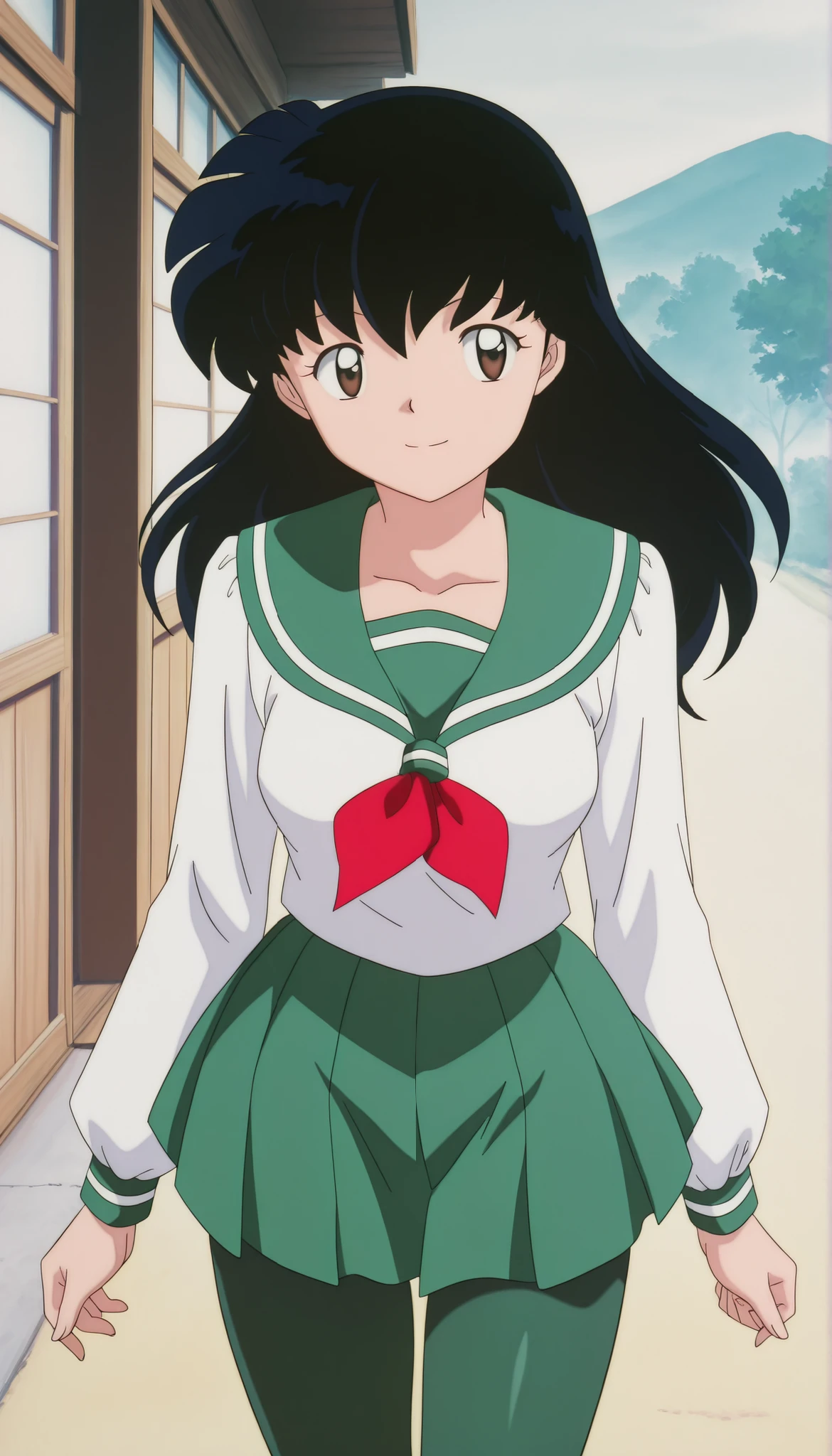 masterpiece, best quality, very detailed, masterpiece, best quality, eyelashes, (Beautiful Eyes), cowboy shot
Higurashi Kagome, black hair , brown eyes ,
uniform , long sleeve , green tights Spandex , green skirt , red neckerchief , , ,
solo ,anime, Official Illustration , medium Breasts, smile, happy, medium Breasts,
Raise your hand, soft thighs