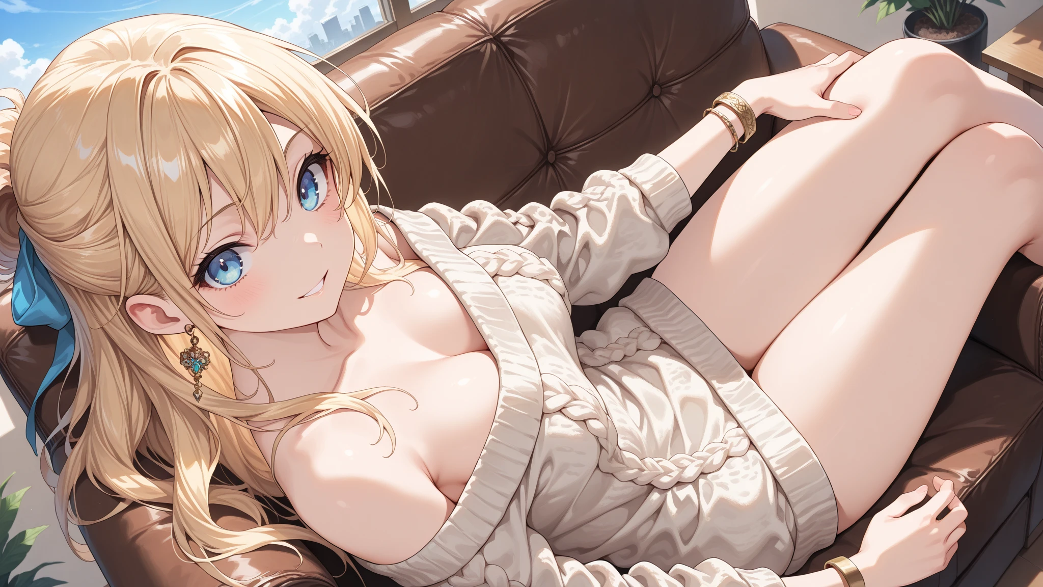 ((beige turtleneck long sweater,hand-knitted sweater:1.2))long sleeves sweater,thigh,Black Gal、(dark-skinned:1.3)、(8k, RAW photo, best quality, masterpiece:1.2), (extremely detailed 8k wallpaper),illustration、professional lighting,sharp focus, depth of field、
nsfw、clear eyes、perfect anatomia、huge tit、a blond、Plump thighs、full bodyesbian、black socks above the knee、Sit on the sofa、girl with、Kogal、Knees upright and legs open(open legs:1.5)、white panty、Highlighting the streaks of white panties、luslous skin、Black long boots、cleavage cutout、Blue eyes、