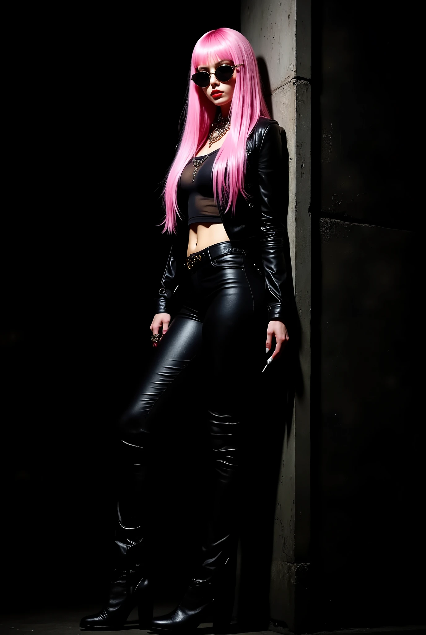 Charming stylized photograph of a mysterious young seductive woman in a wig with long pink straight hair, standing in a defiant pose in deep shadow and leaning against a concrete wall. She is dressed in a timeless rocker outfit: a black leather jacket, leather trousers, a transparent T-shirt and aviator sunglasses. Her lips are bright red, and she's wearing stylish cowboy boots. Her face is hidden in the darkness, and she holds a lit cigarette in one hand. The background is black., bright, dark fantasy, poster, cinematic, photography