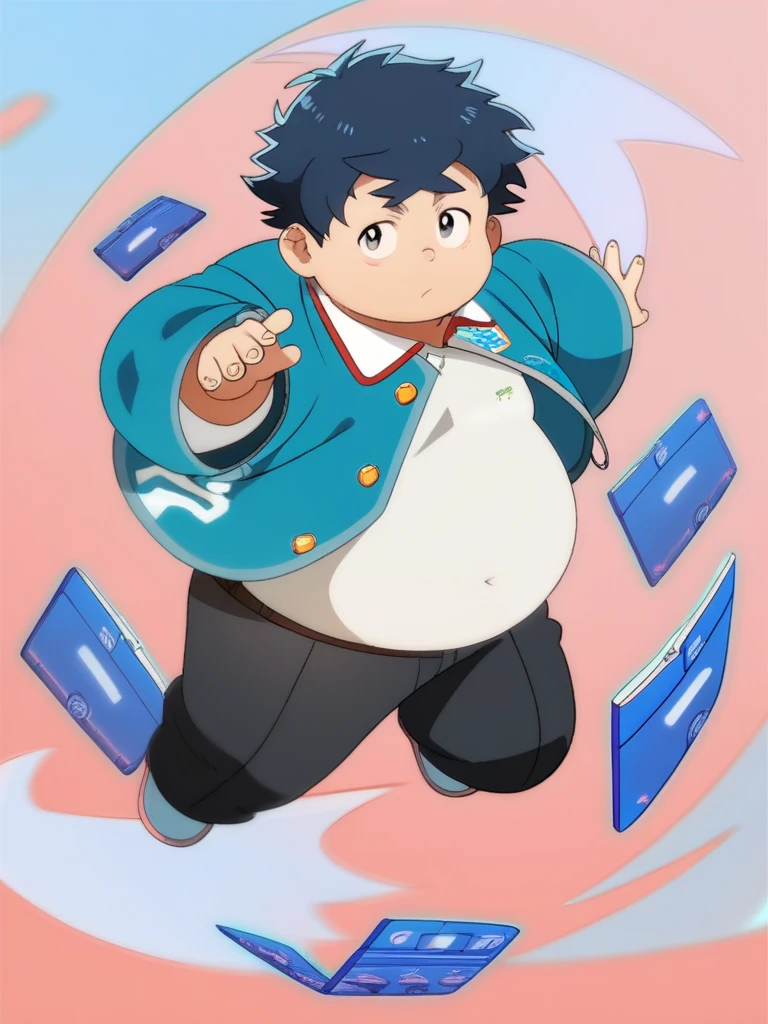 Full Body Blue, Body Noise-Sensing, as a computer folder, Wearing School Uniform, chubby , cute, with a big belly to reveal clothes, junior high school student, Fatty, No Glasses , With hair, Overweight, Big belly, anime style