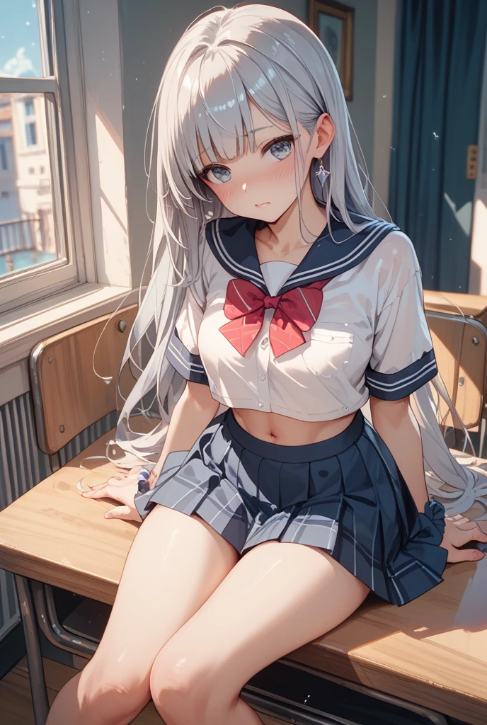 anime girl sitting in chair with cigarette in mouth and looking out window, (beautiful anime high school girl:1.4) , (cabello white +violent :1.4), (seductive anime girl) , a hyperrealistic schoolgirl, anime visual of a cute girl, the anime girl is crouching, (azur lane style:1.4) , still from tv anime, from the azur lane videogame, anime opening, anime best girl, (hyperrealistic schoolgirl:1.4) , high quality, (RAW photo, best quality), (realistic, photorealistic: 1.4), (extremely delicate and beautiful: 1.4), amazing, fine details, masterpiece, ultra detailed, high resolution, best illustration, best shadow, intricate, ( extremely intricate: 1.2), (exquisitely detailed skin), cinematic light, perfect anatomy, (cool color: 1.4), sharp focus, 8k UHD, DSLR, (Fujifilm XT3),More detailed 8K.motor irreal:1.4,UHD,La mejor calidad:1.4, fotorrealista:1.4, textura de la piel:1.4, obra maestra:1.8,obra-prima, mejor calidad,objeto Objeto], (detailed face features:1.3),(Las proporciones correctas),(Ojos hermosos azules),  (pose vaquero), (mostrando panties white encaje :1.4), (modelo Rusia y japonesa belleza :1.4), (alya sometimes hides her feelings:1.4), (iluminación cinematográfica :1.4) 