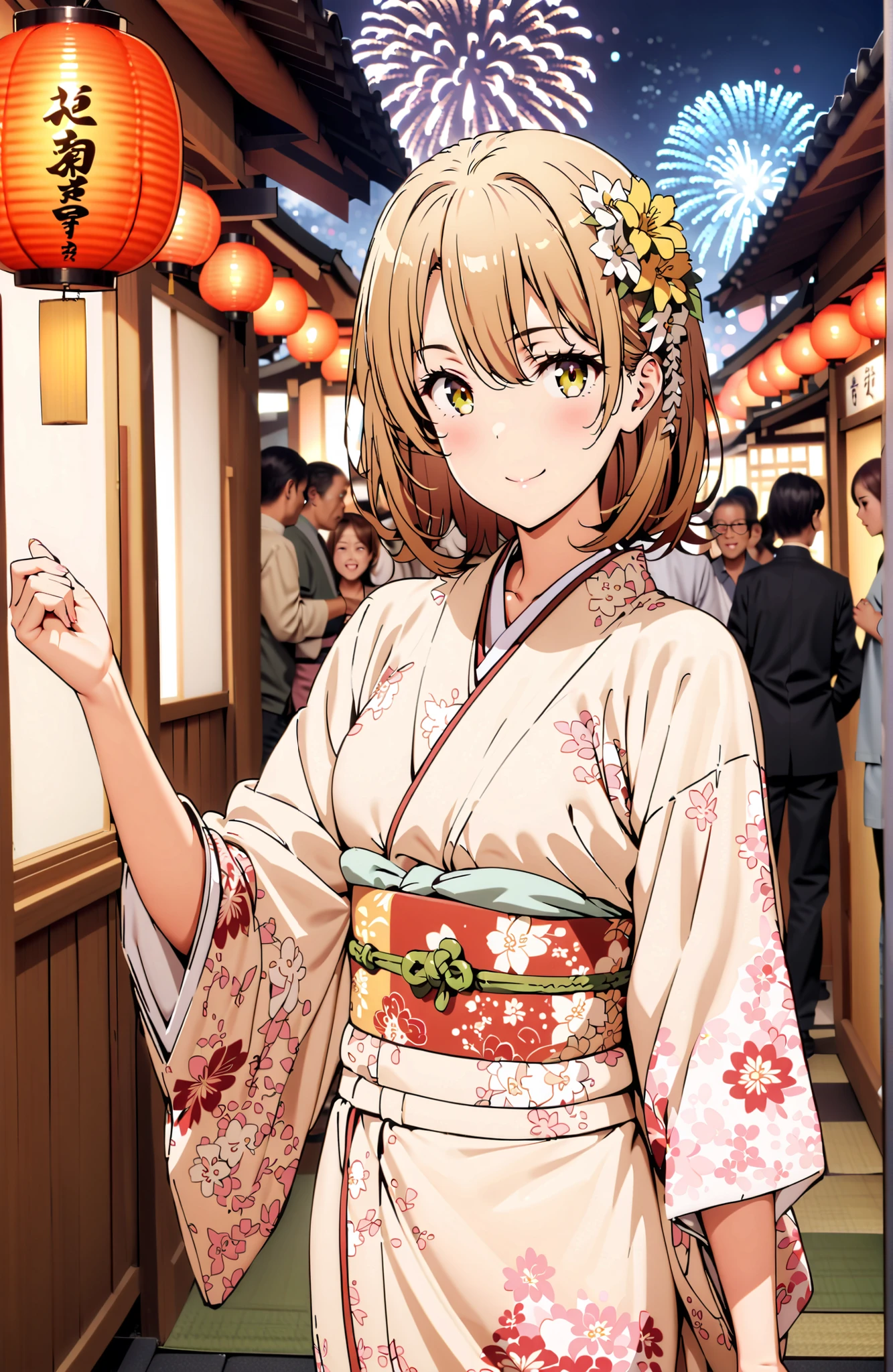 score_9, score_8_up, score_7_up, source_anime,
Iroha Isshiki, short hair, brown hair, brown eyes in the bedroom,flower hair ornament with ears,Yellow flower pattern kimono ,smile,blush,mouth,Light up fireworks,Red Lantern,Japanese stalls ,standing,night,in their 40s outdoors, Japanese Festival,
in their 40s looking at viewer,full body,
in their 40s (masterpiece:1.2),Highest Quality ,Kampala,unity 8k 壁紙,(shape:0.8),( fine and beautiful eyes :1.6),It's a person ,full body写真,CG Details , (perfect hand in h,complete anatomy),