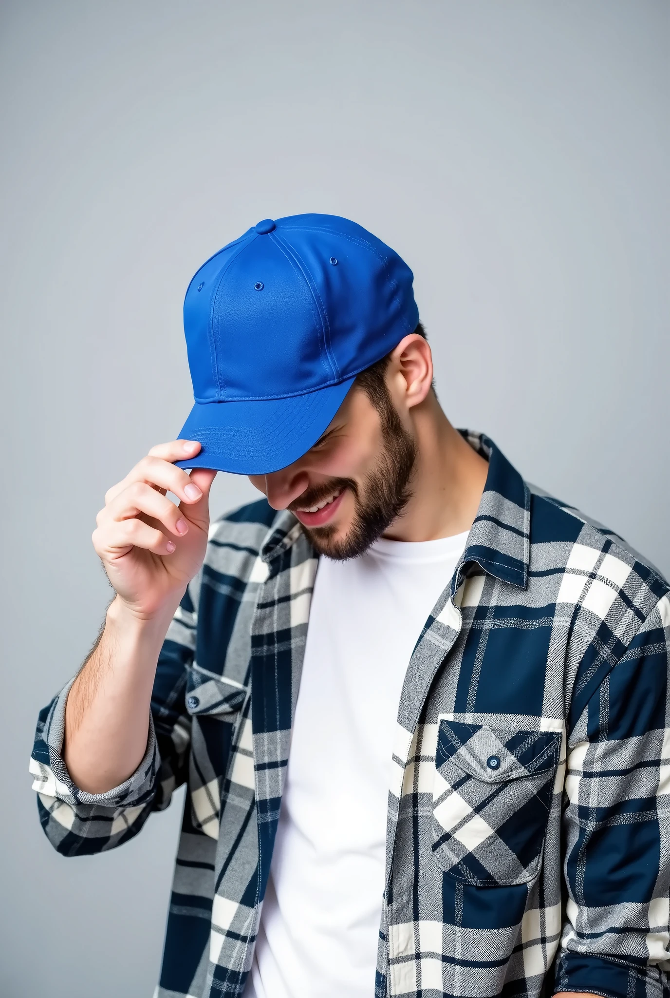 A man wearing a simple blue cap and a plaid shirt, tilting the head slightly downward, while holding the cap brim with one hand. The background is simple and light gray . Your expression is relaxed and cheerful, and his face is partially obscured by the cap. The image has clean lighting, similar to that of a studio, and a casual style.