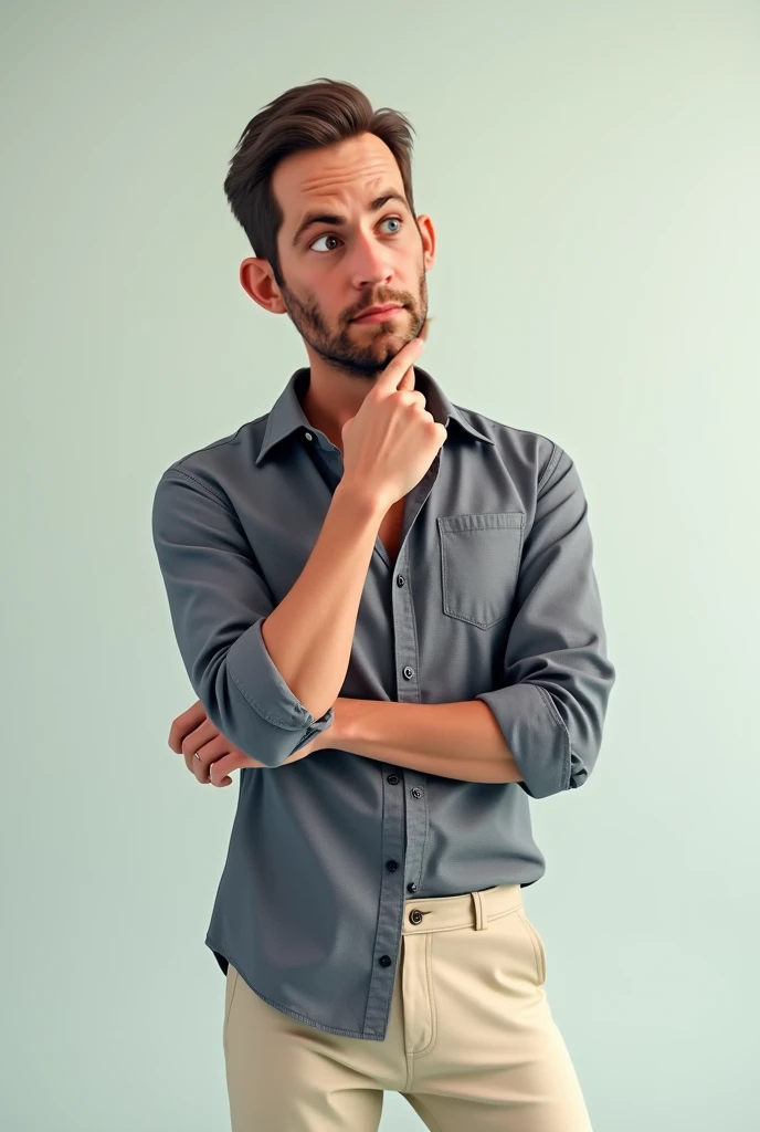 "An avatar of a man resembling Paul Walker, wearing a stylish casual shirt paired with light trousers, standing against a plain light background. He looks thoughtful, with one hand on his chin and eyes gazing slightly upward. He has a clean, sharp look and a slightly puzzled or curious expression. The scene is lit with studio lighting, centered framing, and rendered in a realistic photography style. Realistic image."