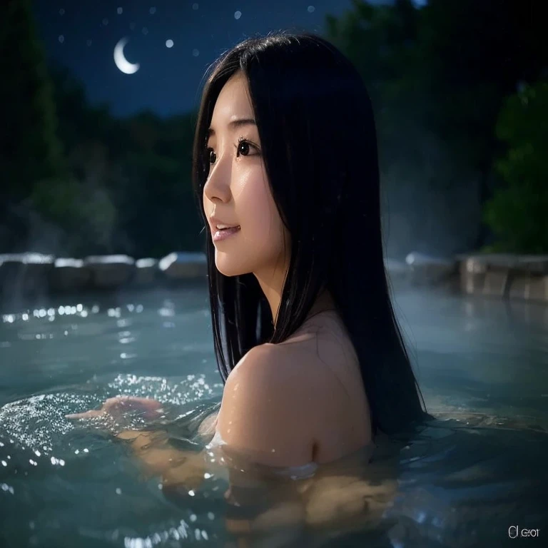 (Face shot of a naked slender small breasts dark silver long hair with swept bangs girl:1.5)、(Naked girl is soaking in a Japanese onsen outdoors with a small smile:1.5)、(Outdoor Japanese onsen with beautiful Japanese pampas grass and full moon night:1.5)、 (blurred background:1.5)、(8k ultra detailed master piece:1.5)、(Natural light and color:1.5)、(perfect anatomy:1.5)、(Photorealistic stick:1.5)、(Raw photo:1.3)、(highest quality:1.5)、(High resolution:1.3)、(Delicate and beautiful perfect face:1.3)、(Delicate and beautiful eye air skin:1.3)、(Real Human Skin:1.3)、((thin legs))