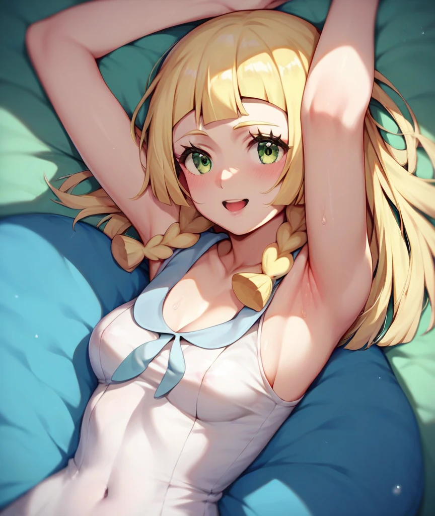 1girl, white lingerie, long blonde hair, short and thin body type, pin-up pose, slutty, character design, fullbody, tease, cute girl, pastel white and pink color scheme, children's bedroom, many toys, clumsy, falling over