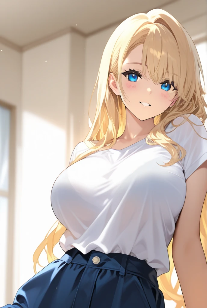 a cute jaded teenage girl with big breasts, blue eyes and blonde hair, wearing a long cyan t-shirt with dark purple pants