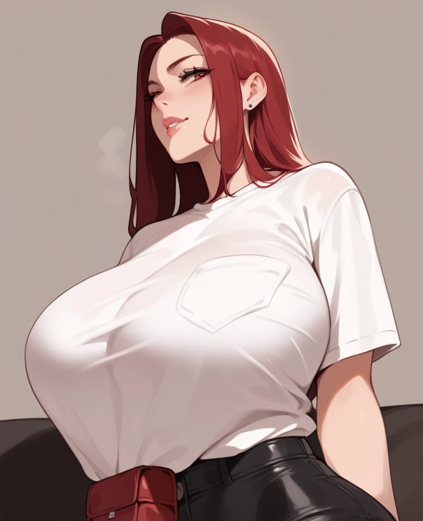 score_9, score_8_up, score_7_up, score_6_up, score_5_up, score_4_up, yu hee, red eyes, red hair, long hair, large breasts, bare shoulders, triangle earrings ,big breasts ,red lipstick, stockings , wire laced bra ,laced wire underwear,see through t shirt
