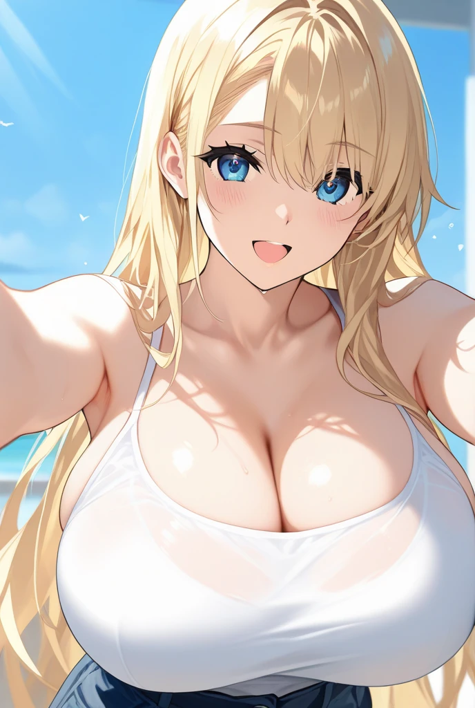 4k,French、Stylish summer dresses、Beautiful sandy beach 、Big Tits:2.0,(((Very large breasts)))、Written border、Dynamic pose、(Blue Eyes)、highest quality、(((Symmetrical eyes)))、Accentuate your breasts、20 years old、smile