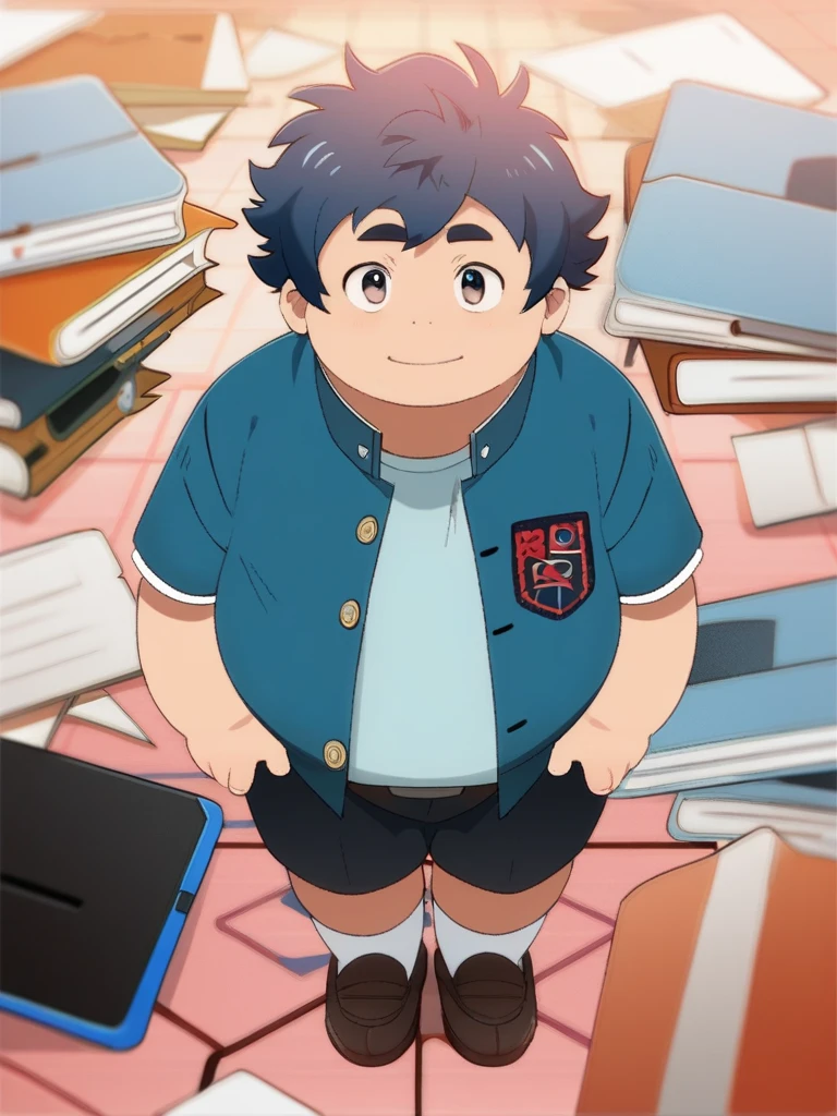 Full Body Blue, Body Noise-Sensing, as a computer folder, Wearing School Uniform, chubby , cute, with a big belly to reveal clothes, junior high school student, Fatty, No Glasses , With hair, Overweight, Big belly, anime style